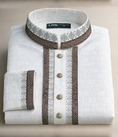 Men's Premium Cotton Regular-Fit Panjabi with Patterned Mandarin Collar and Cuffs – Minimalist Ethnic Tunic